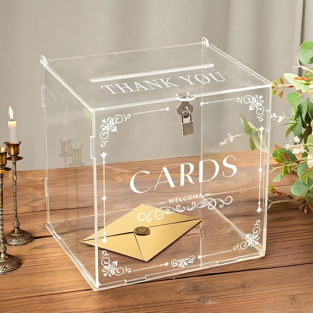 Clear Acrylic Card Box with Slot & Lock, Elegant Wedding Card Boxes for Reception, Transparent Money Cash Gift Cards Box Holder for Party Wedding Engagement Birthday Graduation Table Decor