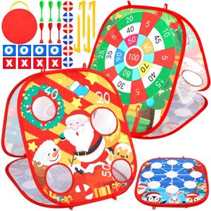 Liliful Christmas 3 in 1 Bean Bag Toss Game Set Christmas Party Games for Families Collapsible Cornhole and Dart Board Yard Outdoor Indoor Games for Boys and Girls Toys Xmas Activities Party Favors