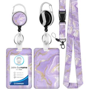 ID Badge Holder with Lanyard and Retractable Badge Reel Clip, Marble Card Name Tag Lanyard Vertical ID Protector Badge Clips for Women Nurse Nursing Doctor Teacher Student Purple