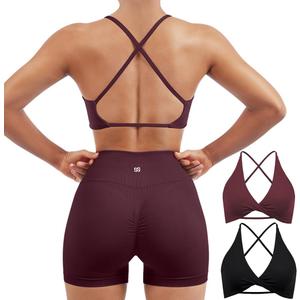 SUUKSESS Women 2 Piece Open Back Strappy Sports Bra Pack Twist V Neck Workout Crops (Small, #2 Wine Red & Black)
