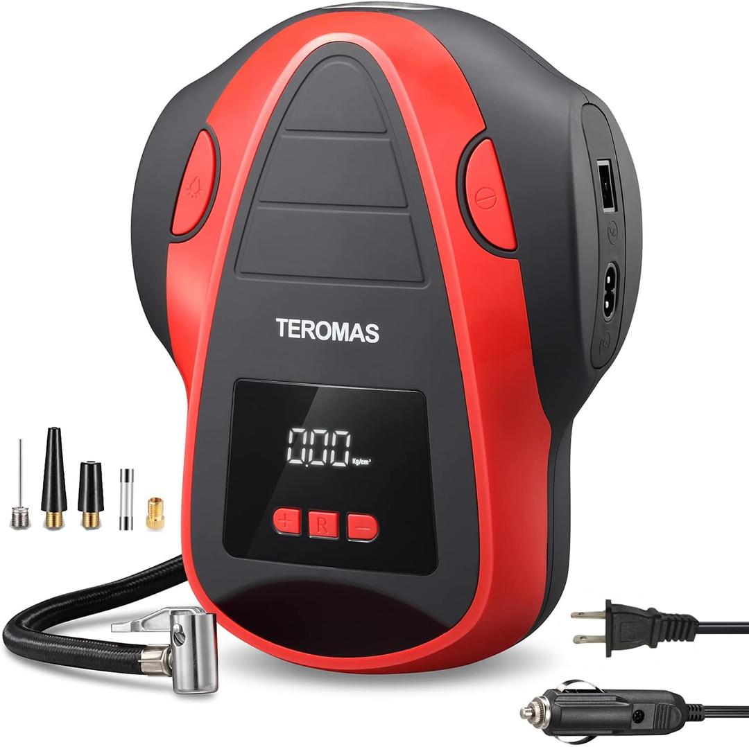 Tire Inflator Portable Air Compressor, Air Pump DC/AC for Car Tires 12V DC and Other Inflatables at Home 110V AC, Digital Electric Tire Pump with Pressure Gauge (Red)