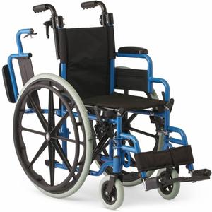 Medline Kidz Pediatric Wheelchair with 14" Wide Nylon Seat with Seat Belt, 150 lb. Weight Capacity, Telescoping Handles, Swing-Back Desk-Length Arms, Swing-Away Footrests with Calf Straps, Blue