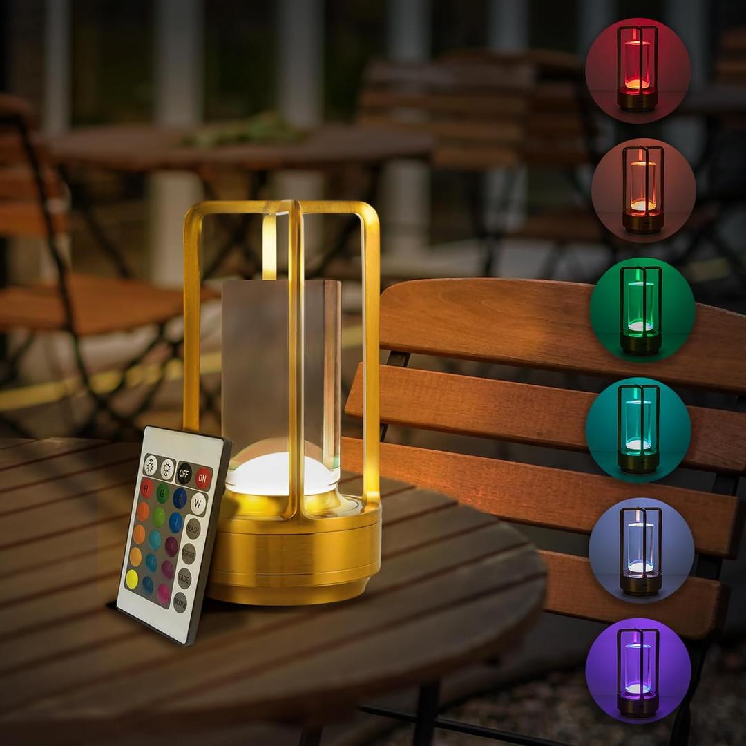 Portable Metal Table Lamp with Remote Control - 16 Color Rechargeable Cordless LED Desk Lamp, Small Crystal Table Lamp for Restaurant Bedroom, Cafe, Outdoor Camping Patio Lighting (Gold)