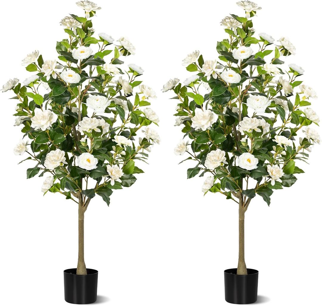 4FT Artificial Camellia Tree 2 Pack, Faux Floral Plant in Cement Pot Fake Silk Camellia Plants for Home House Living Room Office Decor