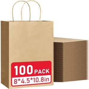 VPACKDUO 100 Pcs Gift Bags 8x4.5x10.8 Brown Kraft Paper Bags with Handles Bulk for Wedding, Party Favors, Grocery, Shopping, Retail Merchandise, Gift Sacks