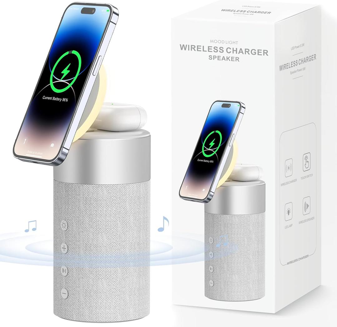 COLSUR Bluetooth Speaker, Magnetic Wireless Charger, Bluetooth Speakers with Night Light, 2 in 1 Wireless Charging Station for iPhone 17/16/15/14/13/12 Series, AirPods Pro 2/4/3/2Gift Ideal(Gray)