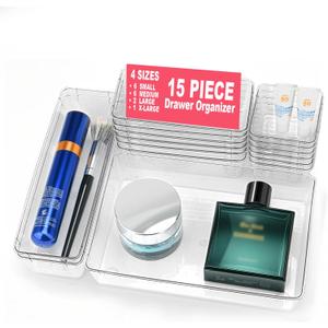 15 Piece Clear Plastic Drawer Organizers Set - 4 Sizes Bathroom & Dresser Storage Bins, Stackable Kitchen Desk Organizer Trays for Makeup, Jewelry, Utensils, Junk, Gadgets
