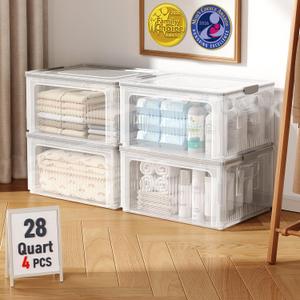 OlarHike 28QT Stackable Storage Bins with Lids, 4 Pack Plastic Collapsible Organizer Box, Foldable Clear Totes & Containers for Closet, Living Room, Garage, Straight Design Offers More Space