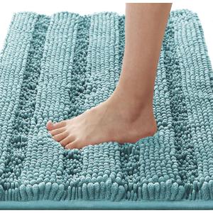 H.VERSAILTEX Bathroom Rugs Bath Rugs for Bathroom Non Slip Bath Mats Extra Thick Chenille Striped Rug 17" x 24" Absorbent Soft Shaggy Washable Dry Fast Bath Mats for Bath Room Floor - Aqua Haze