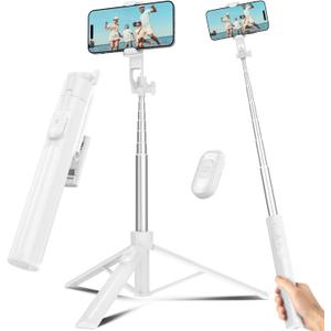 Selfie Stick Travel Tripod for Cell Phone with Remote Control and Phone Holder, Extendable Selfie Stick for iPhone, iPhone Tripod for Video Recording, 63 Inch, White