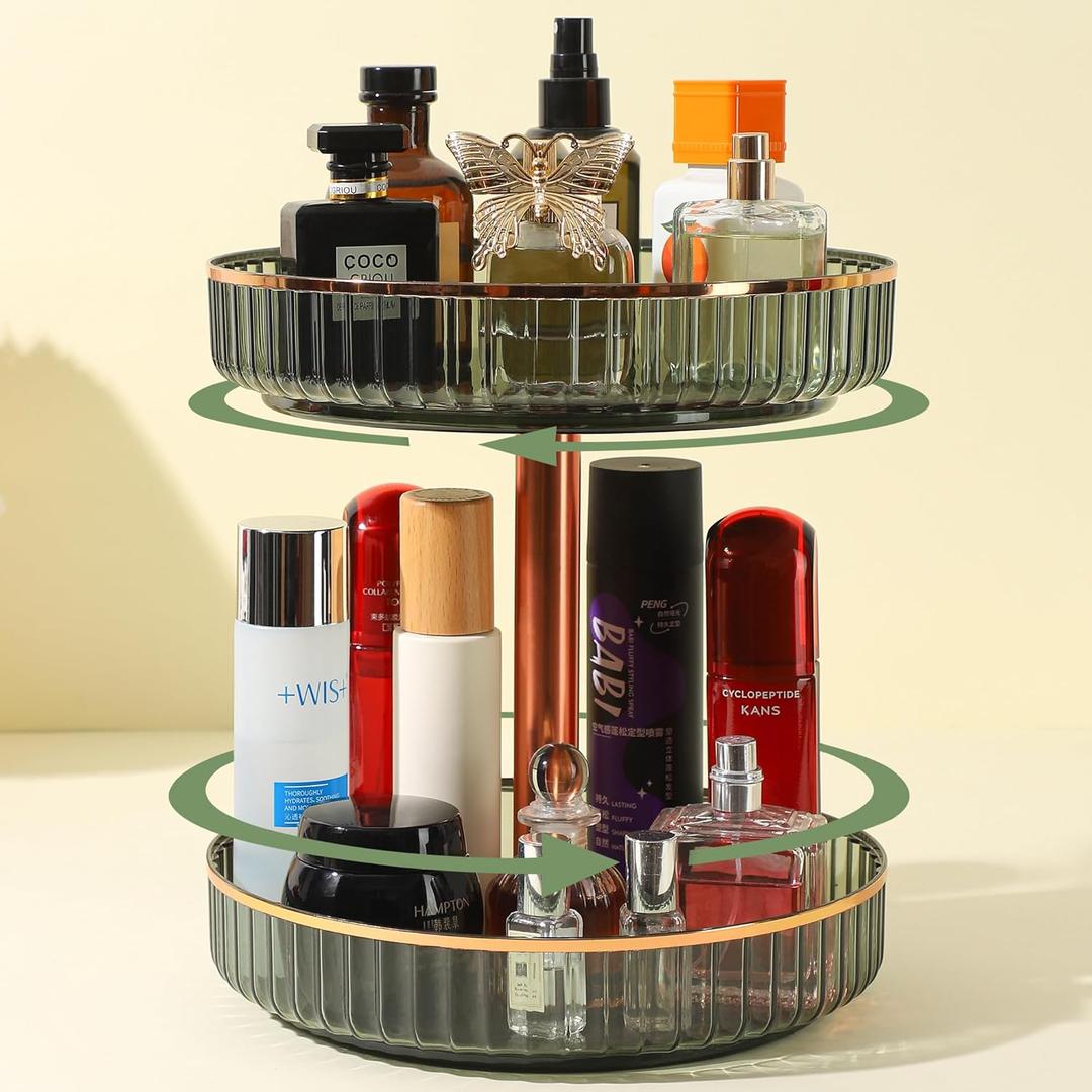 360 Rotating Makeup Organizer for Vanity,2 Tier Independent Rotation Large Capacity Skincare Organizers,Bathroom Counter Organizer, Spinning Monobloc Design Perfume & Vanity Organizer
