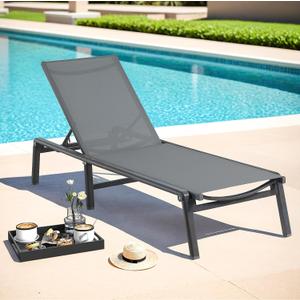 ONBRILL Aluminum Chaise Lounge Chair Outdoor, Foldable & Assembly Free Outdoor Lounge Chair with 5 Position Adjustable Backrest, Patio Pool Lounge Chairs for Outside Poolside Beach Lawn, 1PC, Grey, 35.04 inches x 23.6 inches x 34.6 inches