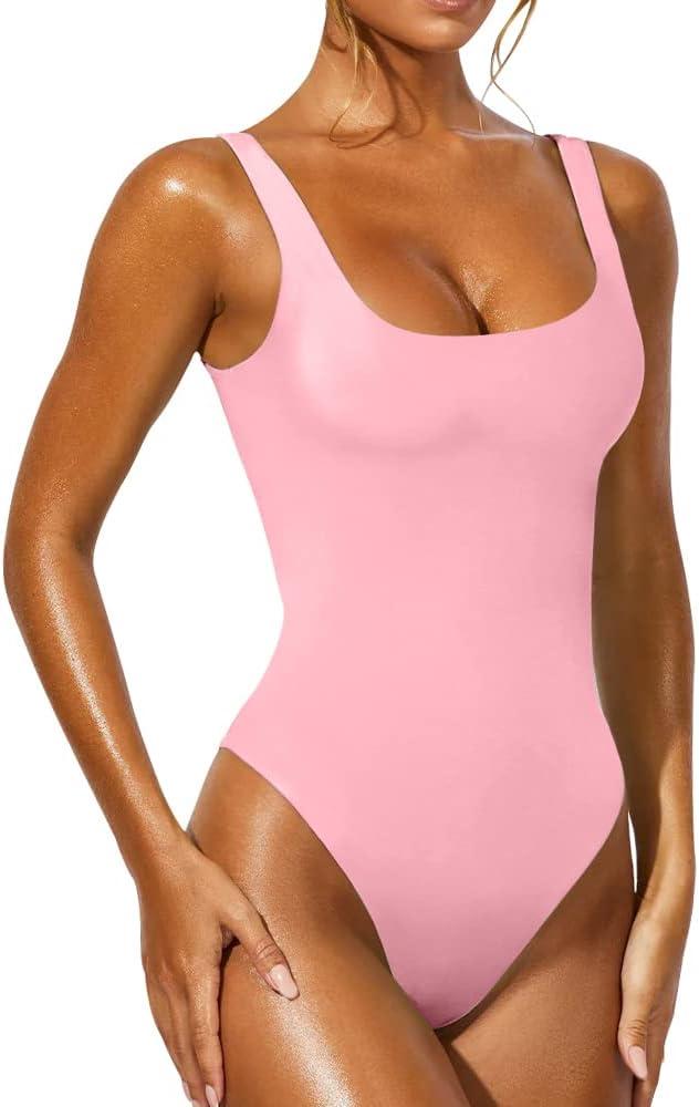 YFANG Women's Sexy Basic Bodysuit Sleeveless Double Lined Slim Fit Tank Tops Pink Medium
