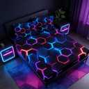 Hexagon Geometric Honeycomb Bedding Fitted Sheet Sets,Blue Neon Gamer Fitted Sheet Sets for Kids Room Decor,Twin Size Bedding Sets for Boys,1 Fitted Sheet+2 Pillowcases.
