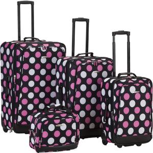 Rockland Escape 4-Piece Softside Upright Luggage Set, Telescoping Handles, Multi/Pink Dot, (14/19/24/28)