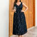 RWJ Women's Plus Size Wedding Guest Dress 2026 Floral Lace Wrap V Neck Sleeveless Formal Cocktail Party Maxi Dresses (Blue, XXL)