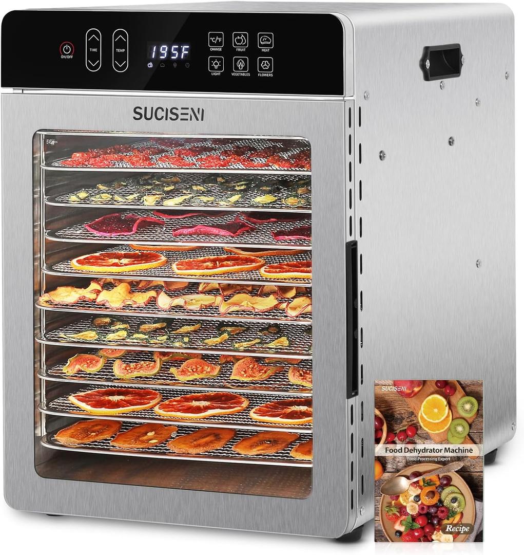 SUCICENI Food Dehydrator Machine 10 Stainless Steel Trays 9ft Dehydrator for Jerky, 1000W Dehydrator with 24H Timer 195 Temperature Control for Meat, Fruits, Veggies, Dog Treats