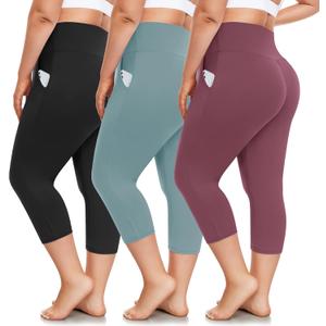 FULLSOFT 3 Pack Plus Size Capri Leggings with Pockets for Women -High Waist Stretchy 1X-4X Workout Yoga Pants (XX-Large, 03-black/Light Green/Rosy Pink)
