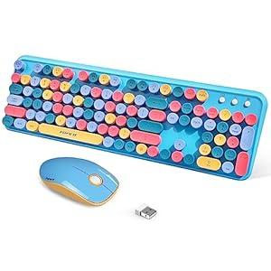 FOPETT 2.4GHz Wireless Keyboard and Mouse Set with Switch Button - Full-Size Keyboard - Compatible for Windows/ Laptop/ PC/ Notebook/ Smart TV and More - Blue Colorful