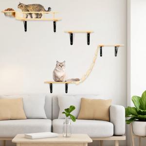 TIMIEEYA Cat Wall Shelves - Set of 5 Cat Wall Furniture, Cat Shelves and Perches for Wall, Indoor Cat Climbing Shelf with 2 Cat Food Bowls, 1 Bridge Ladder & 3 Cat Wall Steps
