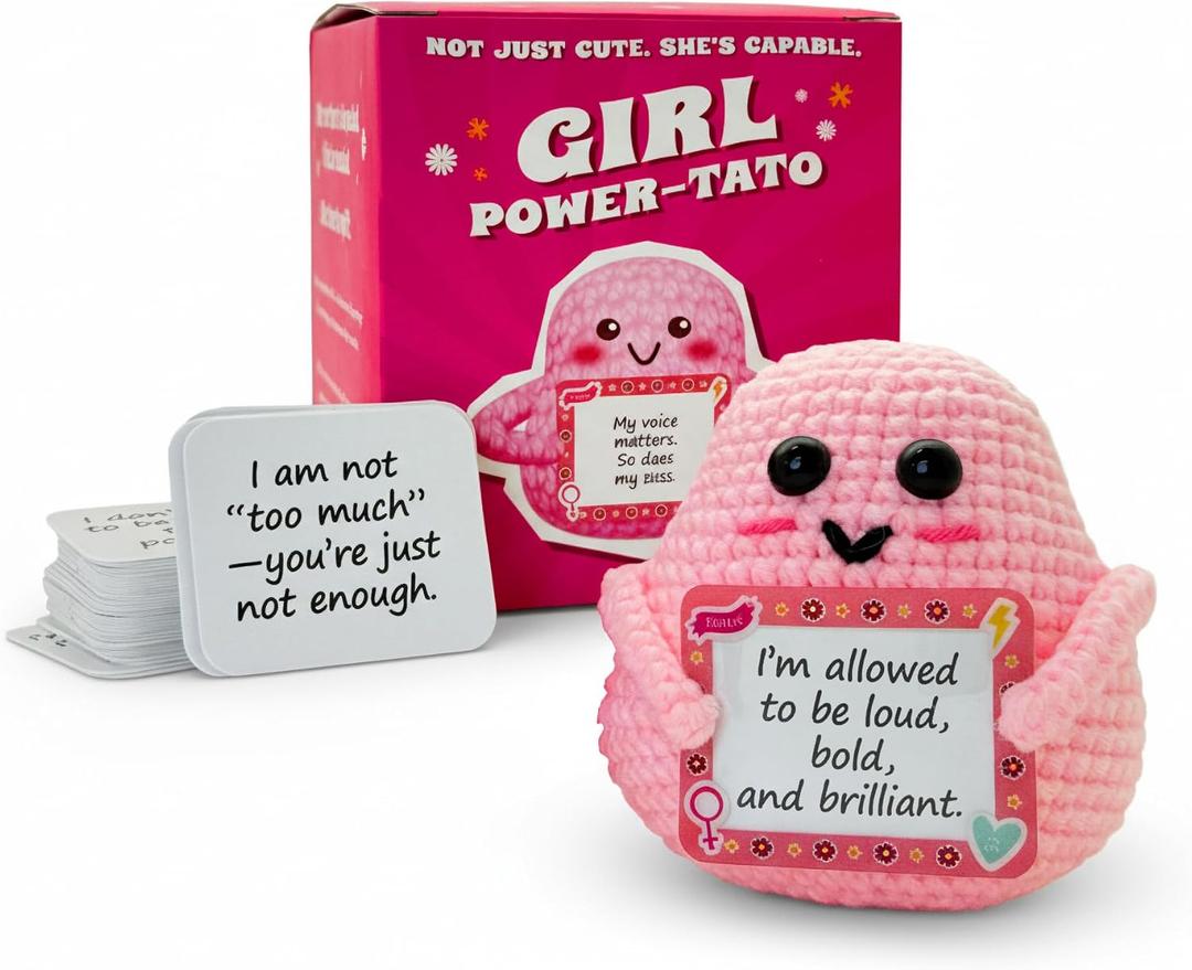 Girl Power Positive Crochet Potato, 1 Handmade Pink Emotional Support Crochet, 50 Affirmation Cards, Valentines Day Gifts, Thoughtful Gifts For Women, Birthday Gifts For Women, Coworker Gifts, Friends