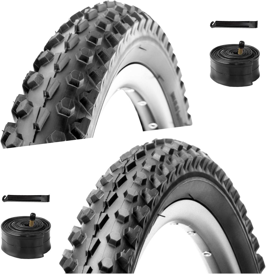 WHEELO Mountain Bike Tires Set: 2-Pack 26x2.1 Inch Folding Replacement Bicycle Tires and Pair Schrader Valve Inner Tubes with Tire Levers for MTB Off-Road Bike