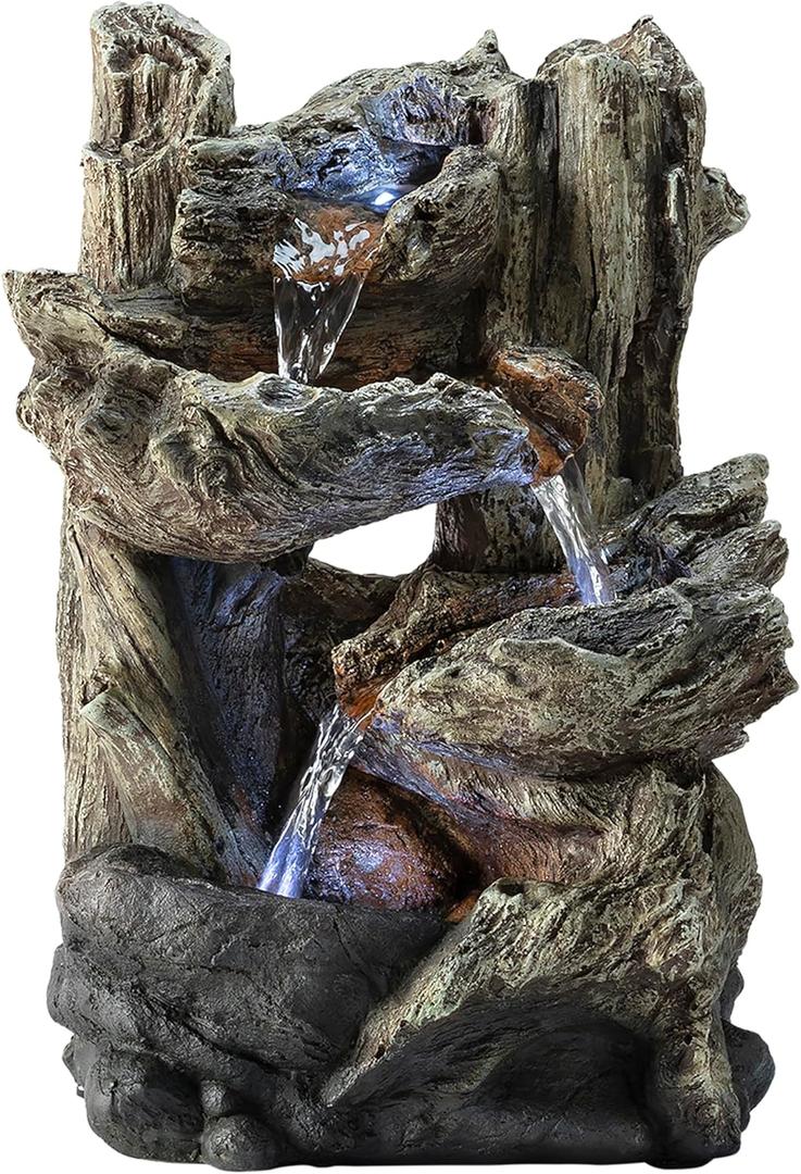 Alpine Corporation - 14" Tall Indoor Tiered Log Tabletop Fountain with LED Lights - Cascading Waterfall, Relaxing Ambiance for Home and Office Decor