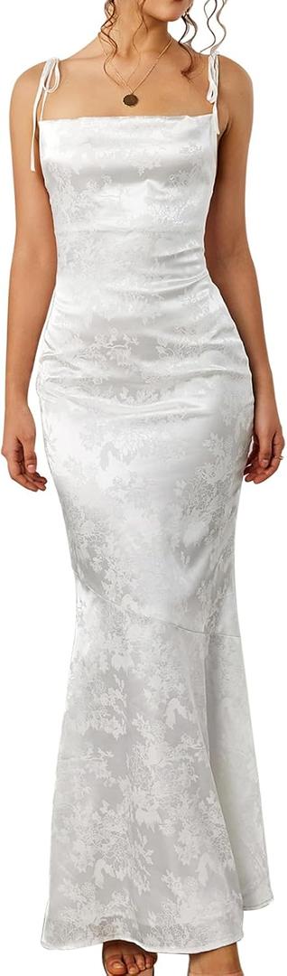 GLNEGE Women's Satin Bodycon Maxi Dress Elegant Formal Spaghetti Strap Cowl Neck Evening Party Dresses (Medium, White)