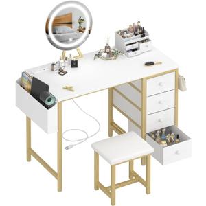 Gold Vanity Desk with Mirror and Light- Makeup Vanity Set Table with Chair, Storage, Lighted Mirror, 4 Large Fabric Drawers & Power Outlet, Dressing Table Vanities for Girls Bedroom (40" with 4 Drawers, 2. Gold)