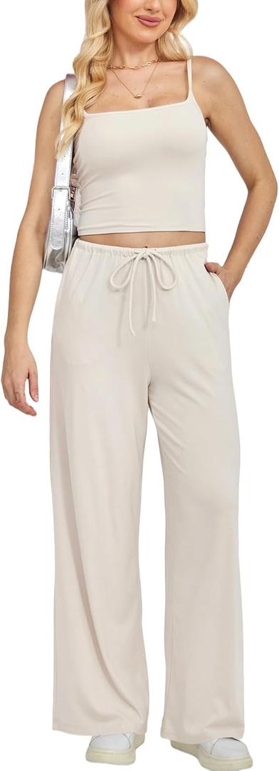 Yulaviniee Women 2 Piece Lounge Set Summer Outfits Top & Wide Leg Pants