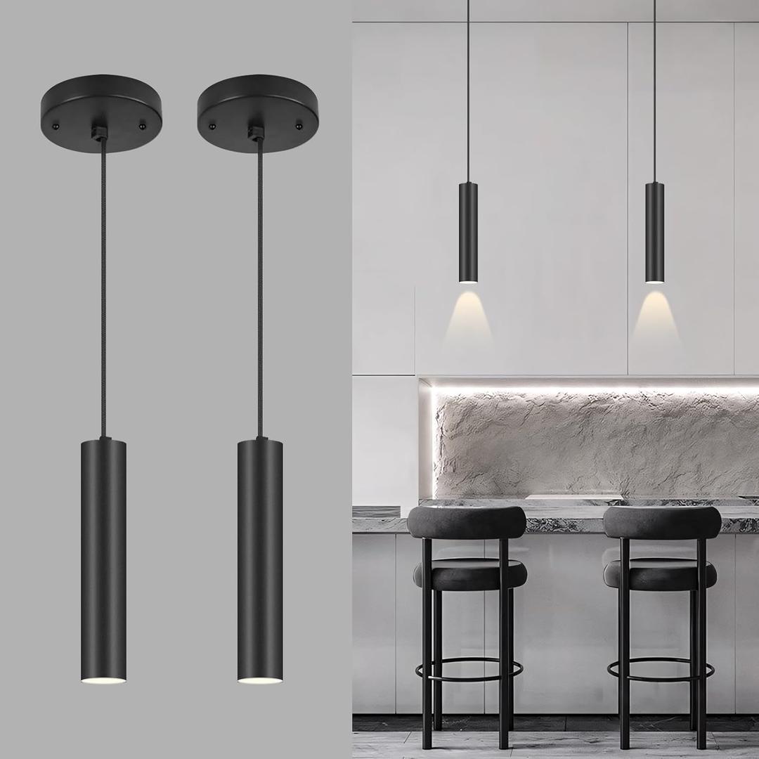 Modern Black-on-Gold Cylindrical Chandelier, 1-Light Pendant with Adjustable Cord, Matching GU10 Socket for Living Room, Bedroom and Dining Room (2 Pack) (11.8in, Black-2 Pack)