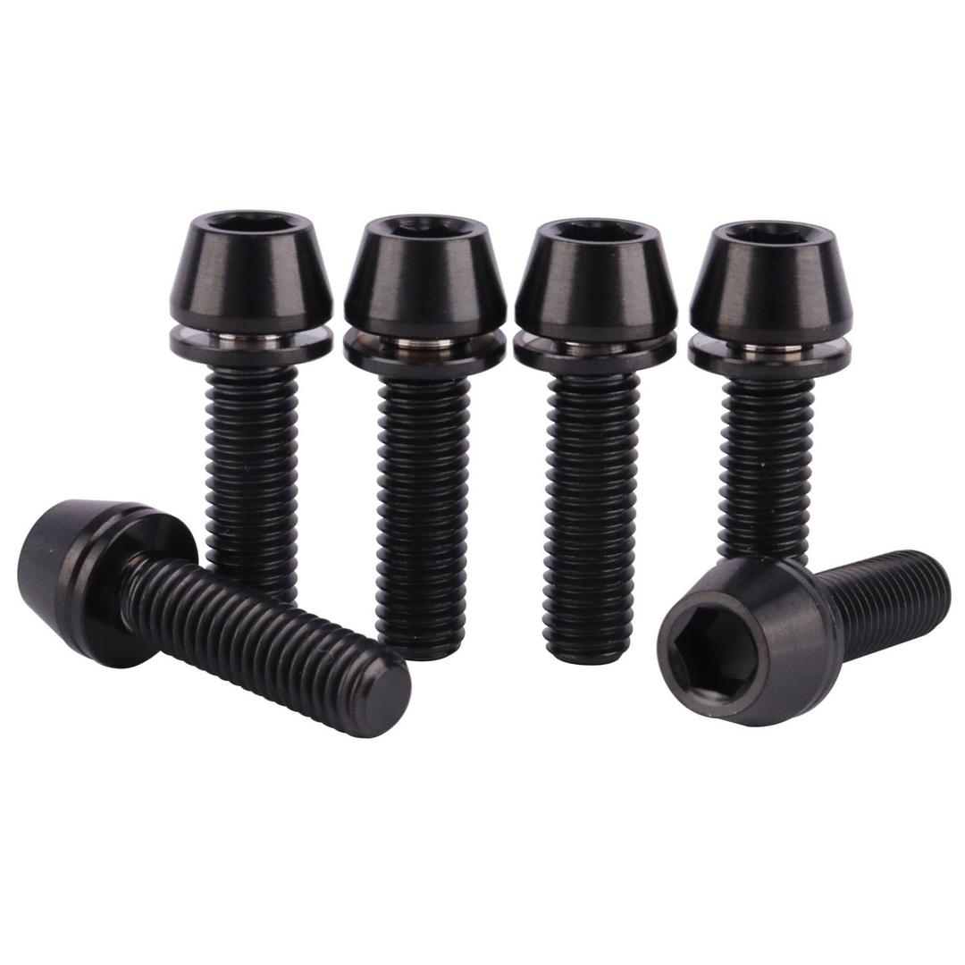6PCS Titanium Screw Internal Hex M5x16mm 18mm 20mm Tapered Head Bolt with Washer for Bicycle Stem (Black, M5x18mm)