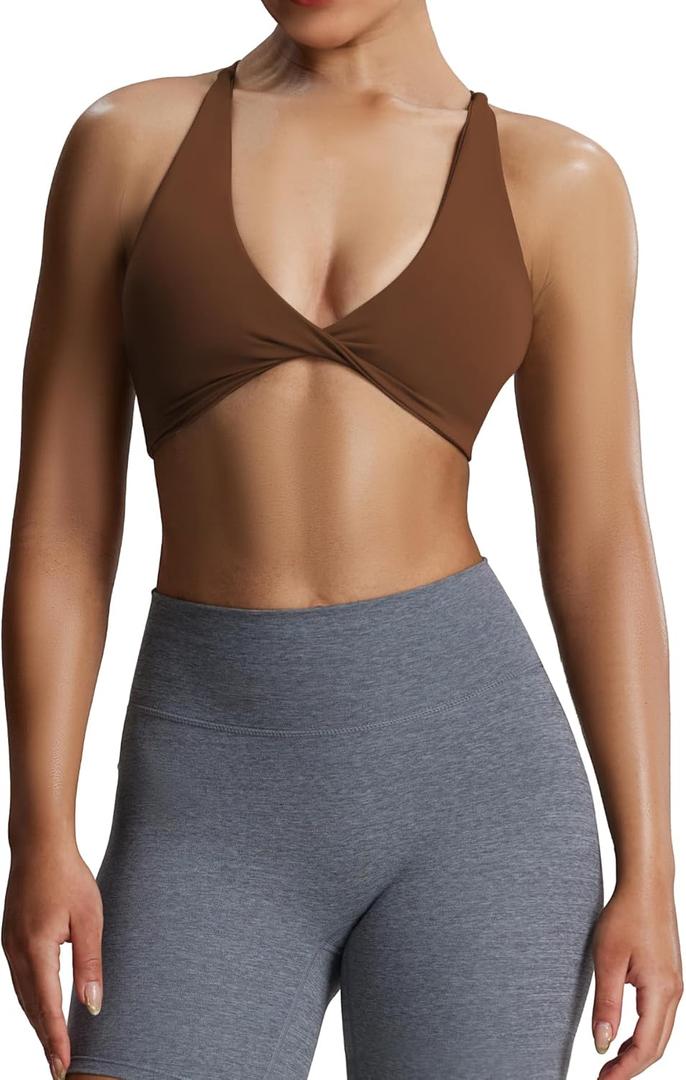 Aoxjox Women's Workout Sports Bras Fitness Metamorph Sienna Twist Bra Yoga Crop Tank (Dark Brown, XS)