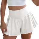 Fisoew Womens Workout Gym Shorts Elastic High Waisted Pleated Lightweight Active Running Shorts (White)