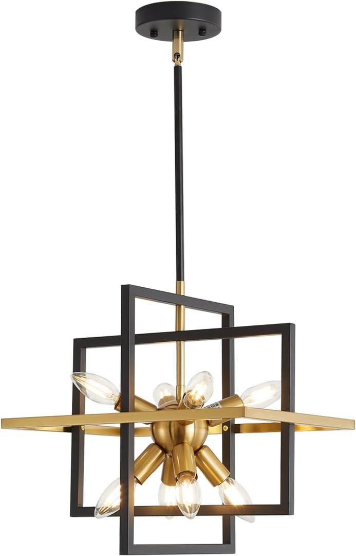 Modern Black and Gold Chandelier, 8 Light Lantern Pendant Light Geometric Sputnik Square Hanging Light Fixtures for Kitchen Islands, Dining Room, Farmhouse, Entryway, Foyers