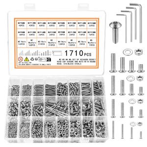 1710 Pcs M2 M3 M4 M5 Nuts and Bolts Assortment Kit, Pan Head Machine Screws and Nuts, Hex Button Head Socket Cap Screws Bolts and Nuts Set with Washers, Stainless Steel Metric Screw Assortment Set