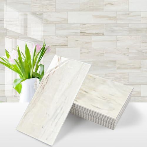 Vamos Tile 4-Piece Glossy Wooden Marble Grain Peel and Stick Backsplash Tile,3''x6'' PVC Subway Tile with White Grout, Stick on Backsplash for Kitchen/Bathroom/Fireplace