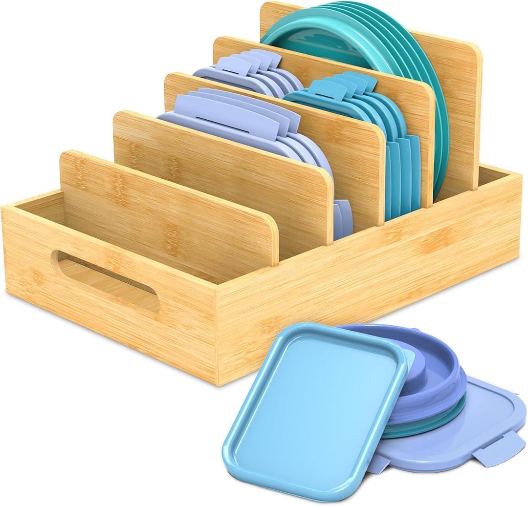 Retro Shaw Bamboo Food Container Lid Organizer with Adjustable Dividers for Cabinet, Lid Organizer for Plastic Lids and Covers Kitchen Storage and Organization (Tall)