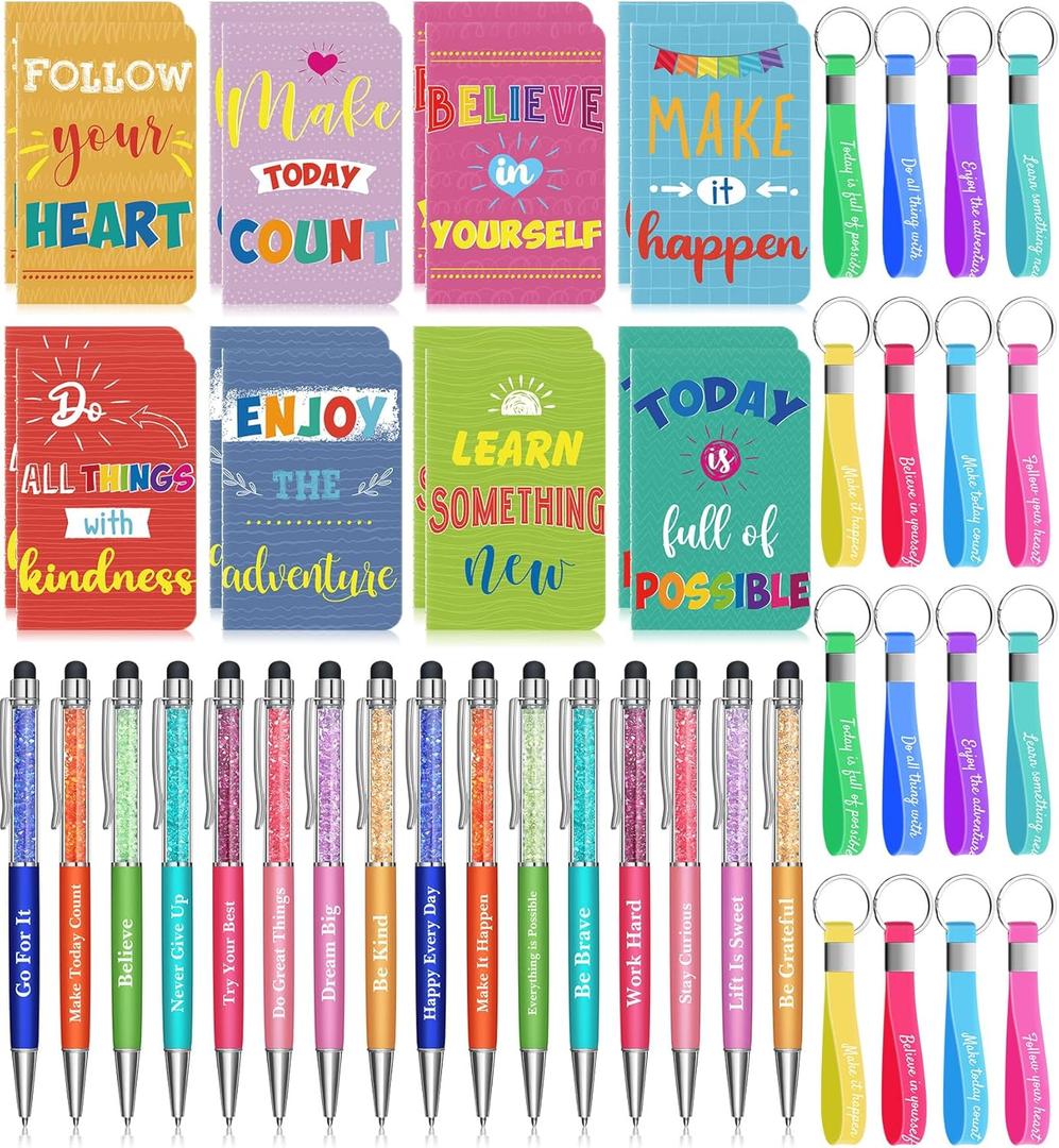 PerKoop 48 Pcs Inspirational Gifts Bulk VBS Notepads 3 x 5 Inch Motivational Ballpoint Pens Keychains Bulk Cute Colorful Journal Notebooks for Office Party Favor Supplies