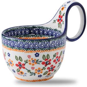 18oz Soup Bowl with Large Loop Handle, Handpainted Decorative Polish Pottery Mug Cup, Ceramic Soup bowl for Soup Cerea Pho Pasta Fruits Stew Ice cream Dishwasher Microwave Oven Safe