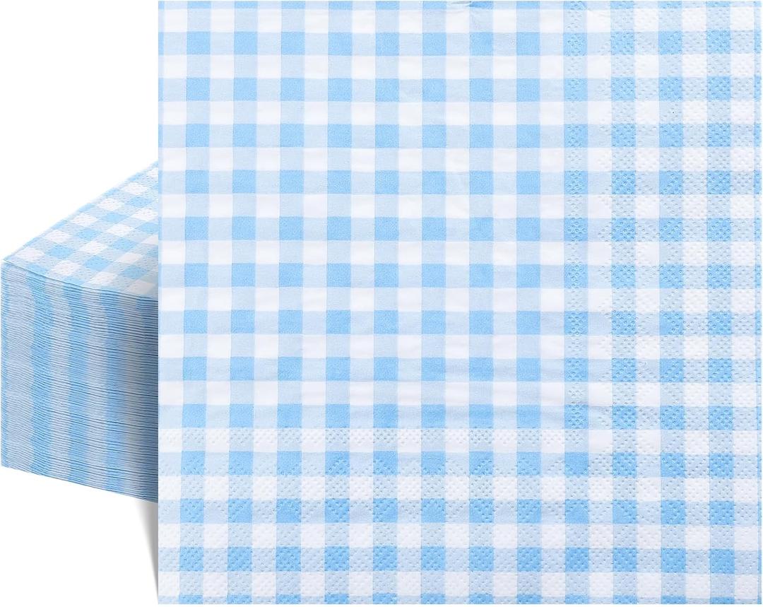 80 Pk Gingham Napkins Light Blue Napkins Disposable - Pack of 4