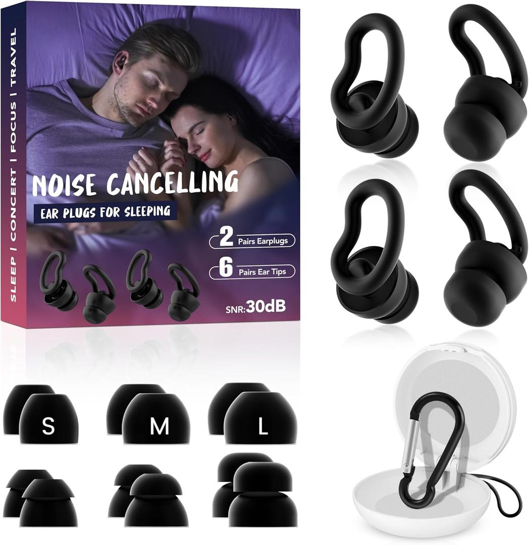 Noise Cancelling Ear Plugs for Sleeping - 2 Pairs Reusable Soft Silicone Noise Block Earplugs for Sound Proof, 30db Noise Reduction Earplug for Sleep, Snoring Blocking, Concert