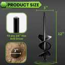3"x12" Black Twin Auger Drill Bit Wide & Fast Double Spiral Drill for Planting & Posts Heavy Duty Steel with Hex Shank