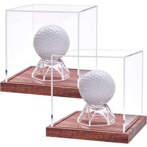 LITY 2 Pack Golf Ball Display Case, No Assembly Required Clear Cube with Solid Wooden Base, Autograph Golf Ball Stand Box for Single Ball