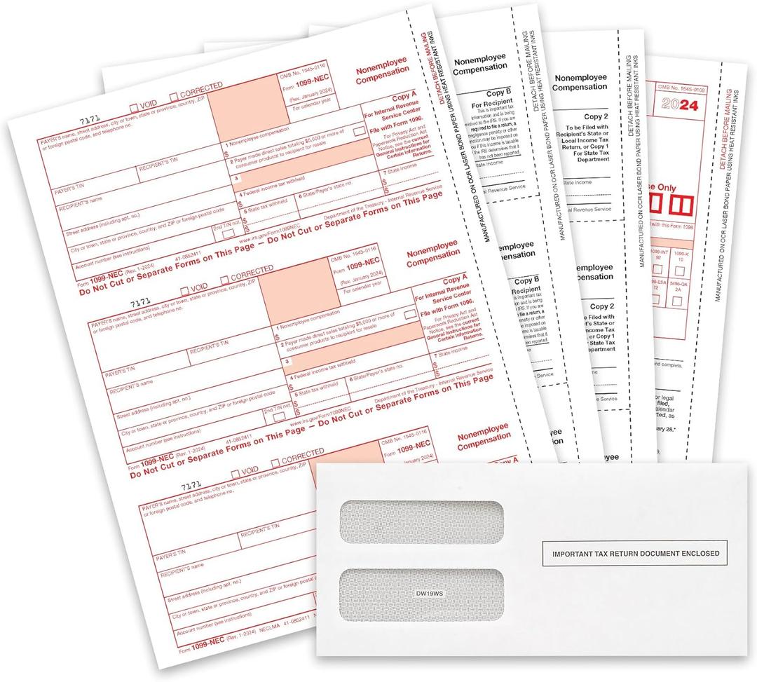 Blue Summit Supplies 1099 NEC Tax Forms 2024, 50 4 Part Tax Forms Kit, Compatible with QuickBooks and Accounting Software, 50 Self Seal Envelopes Included