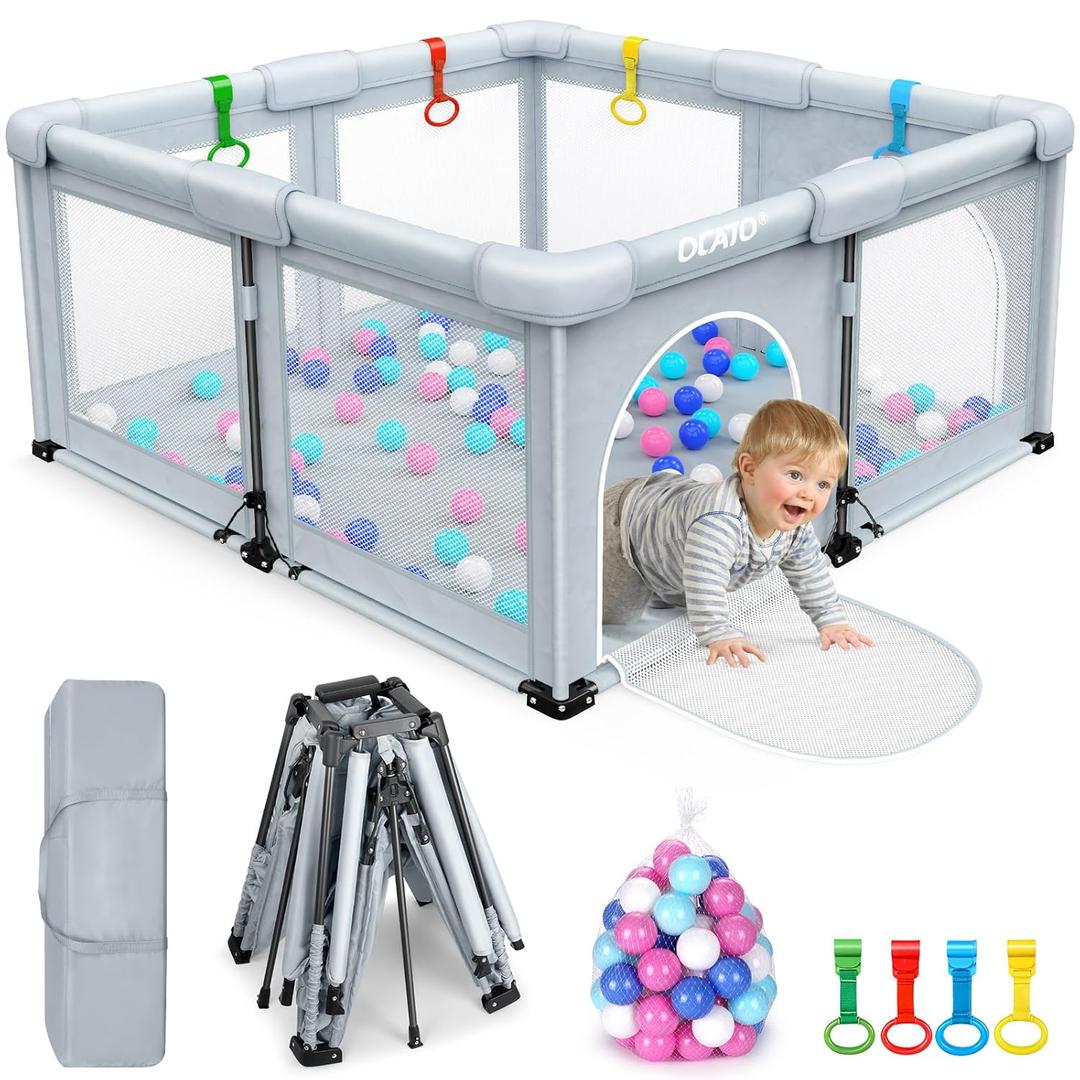 OCATO Baby Playpen: Foldable Playpen for Babies and Toddlers Large Play Pen Portable Playpen Fence Indoor Outdoor Kids Safety Area Travel Play Yard with 1 Storage Bag 4 Handlers 50 Balls (50"  50") (Light Grey)