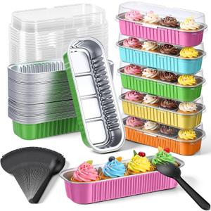 150 Pcs Mini Loaf Pans with Lids and Spoons 6.8 oz Rectangular Aluminum Foil Baking Pans Mini Tins Cake Containers for Bread Desserts(Tropical Hawaiian Color)