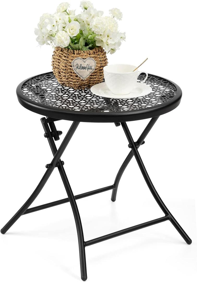 TeoKJ Folding Small Outdoor Side Tables, Anti Rust Small Patio Table Round Metal Nightstand with Flower Cutouts for Porch Yard Balcony Deck Lawn, Black, 17.7"D x 17.7"W x 17.7"H