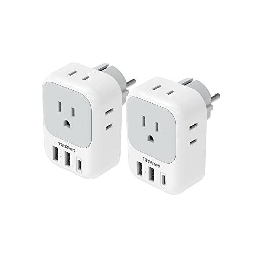 TESSAN 1 Pack Type E F Plug Adapter USB C, Germany France Power Adaptor with 3 USB Charger Ports, 4 AC Outlets Travel Plug for US to Europe EU Spain Iceland Korea Greece Russia German French