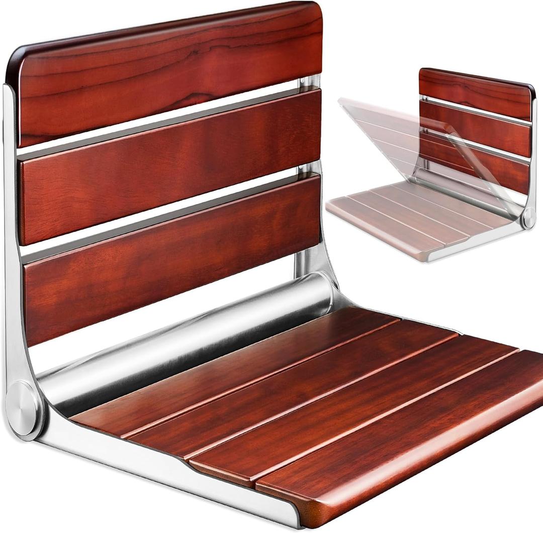 18.4" Folding Teak Shower Seat Wall Mounted  Fold Down Shower Chair, Solid Teak Wood Shower Bench with 304 Stainless Steel Frame, Wall Mount Shower Seat for Senior, Disabled, Bathroom, 400lb Capacity